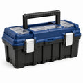 Robuster Werkzeugkoffer mit Kleinteilefächern und Tragegriff, 58 × 29 × 29 cm, Dunkelblau/Schwarz/Silber/Transparent