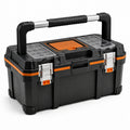 Robuster Werkzeugkoffer 58 × 30 × 36 cm mit ausziehbarem Griff und Kleinteilefächern, Schwarz/Orange/Silber/Transparent