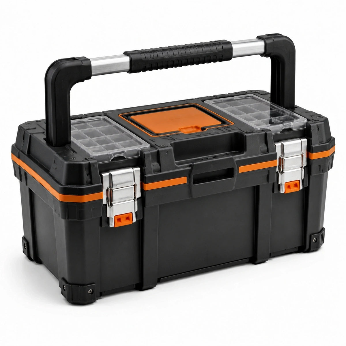 Robuster Werkzeugkoffer 58 × 30 × 36 cm mit ausziehbarem Griff und Kleinteilefächern, Schwarz/Orange/Silber/Transparent