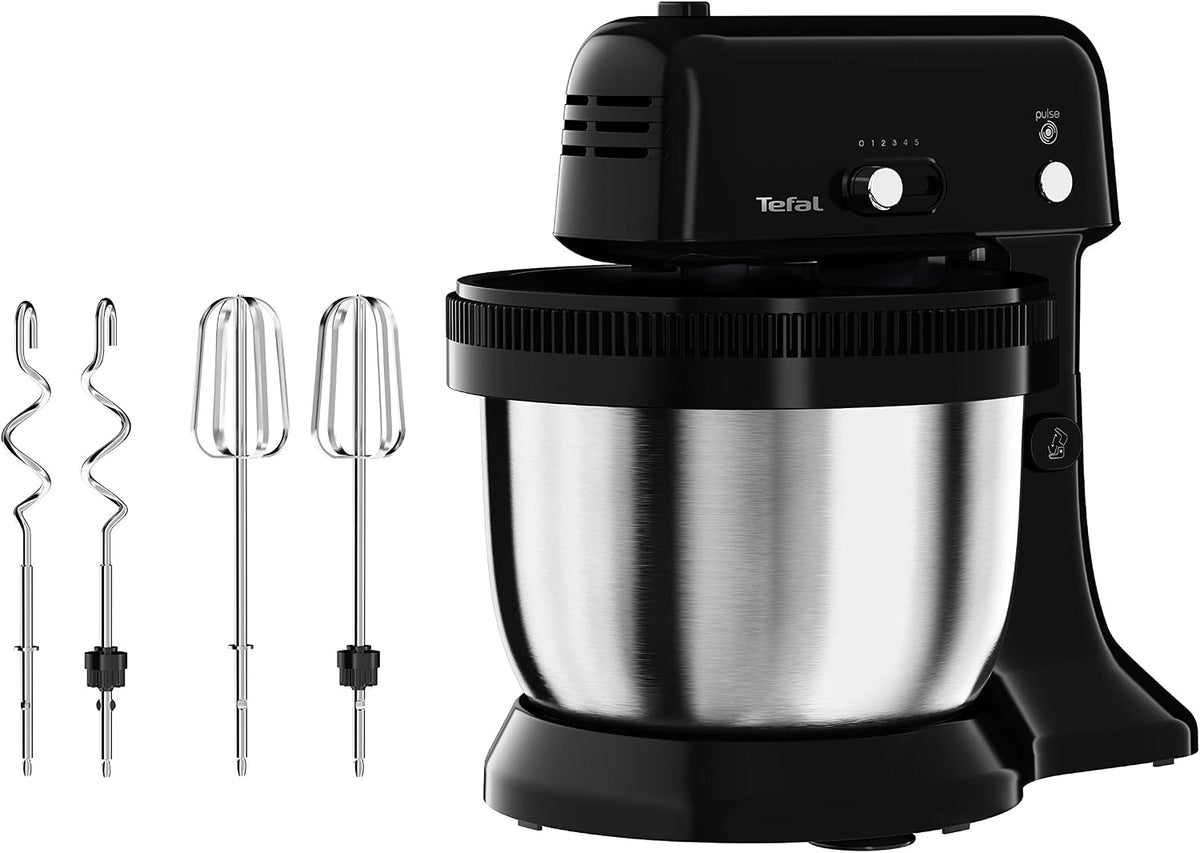 Tefal Robot kuchenny – QB1108, 4 l, 300 W, Srebrny / Czarny – stal nierdzewna, czarny, 2 haki ugniatające, 2 bicze