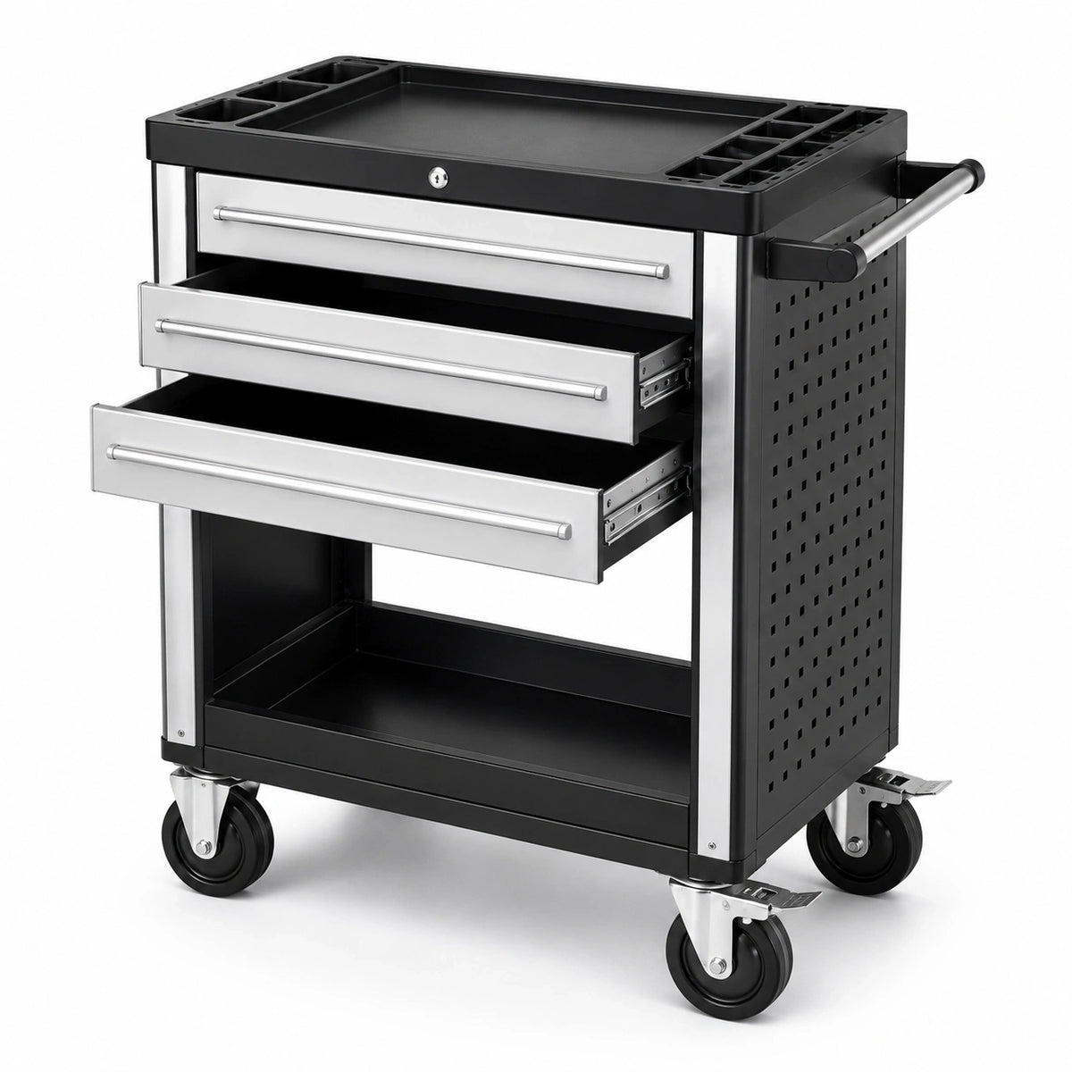 Werkzeugwagen aus Stahl mit 3 Schubladen und 4 Lenkrollen, 80 × 48 × 95 cm, Schwarz/Silber