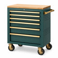 Werkzeugwagen aus Stahl mit Holzarbeitsplatte, 6 Schubladen und 4 Rollen, 77 × 46 × 90 cm, Dunkelgrün/Gold/Natur/Schwarz