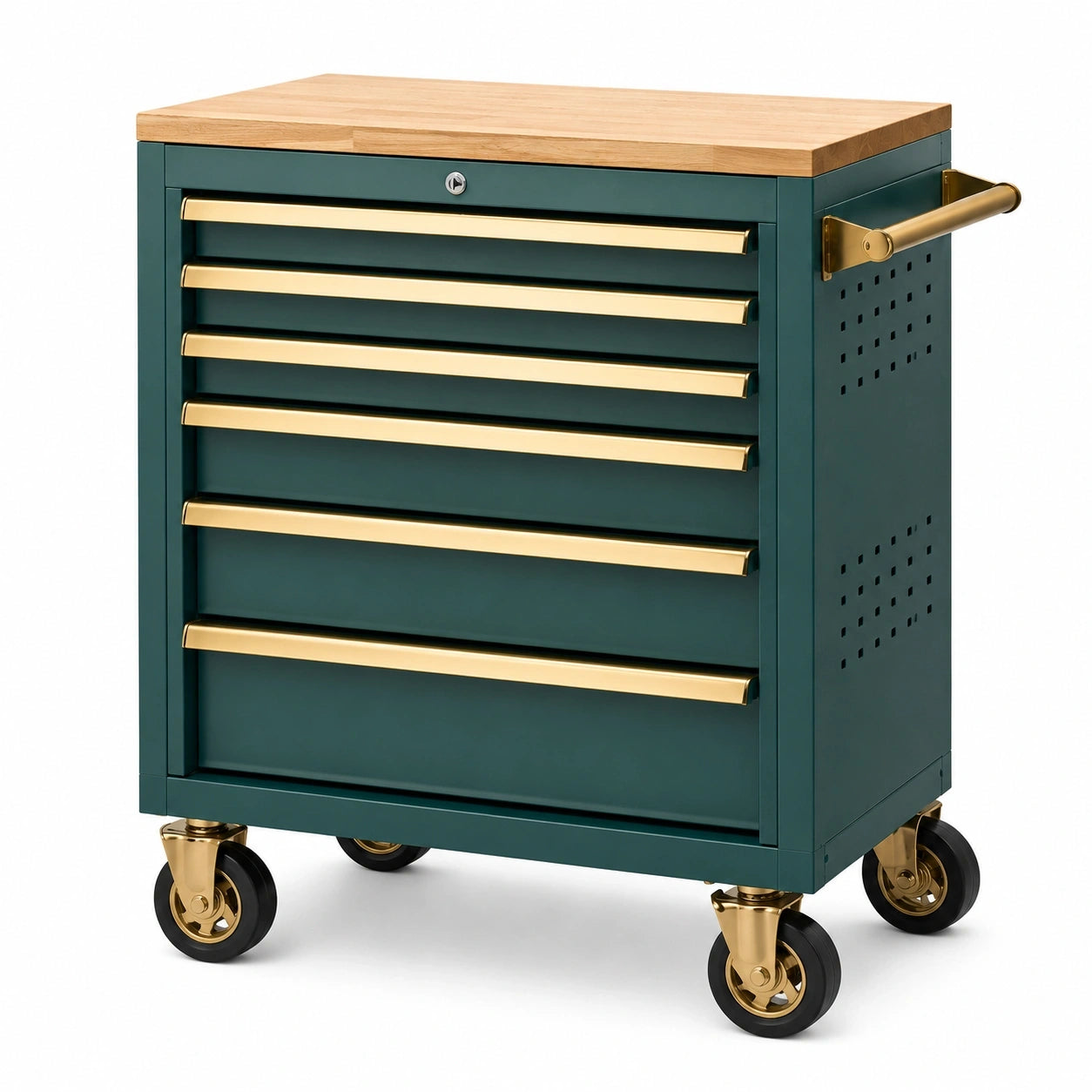 Werkzeugwagen aus Stahl mit Holzarbeitsplatte, 6 Schubladen und 4 Rollen, 77 × 46 × 90 cm, Dunkelgrün/Gold/Natur/Schwarz