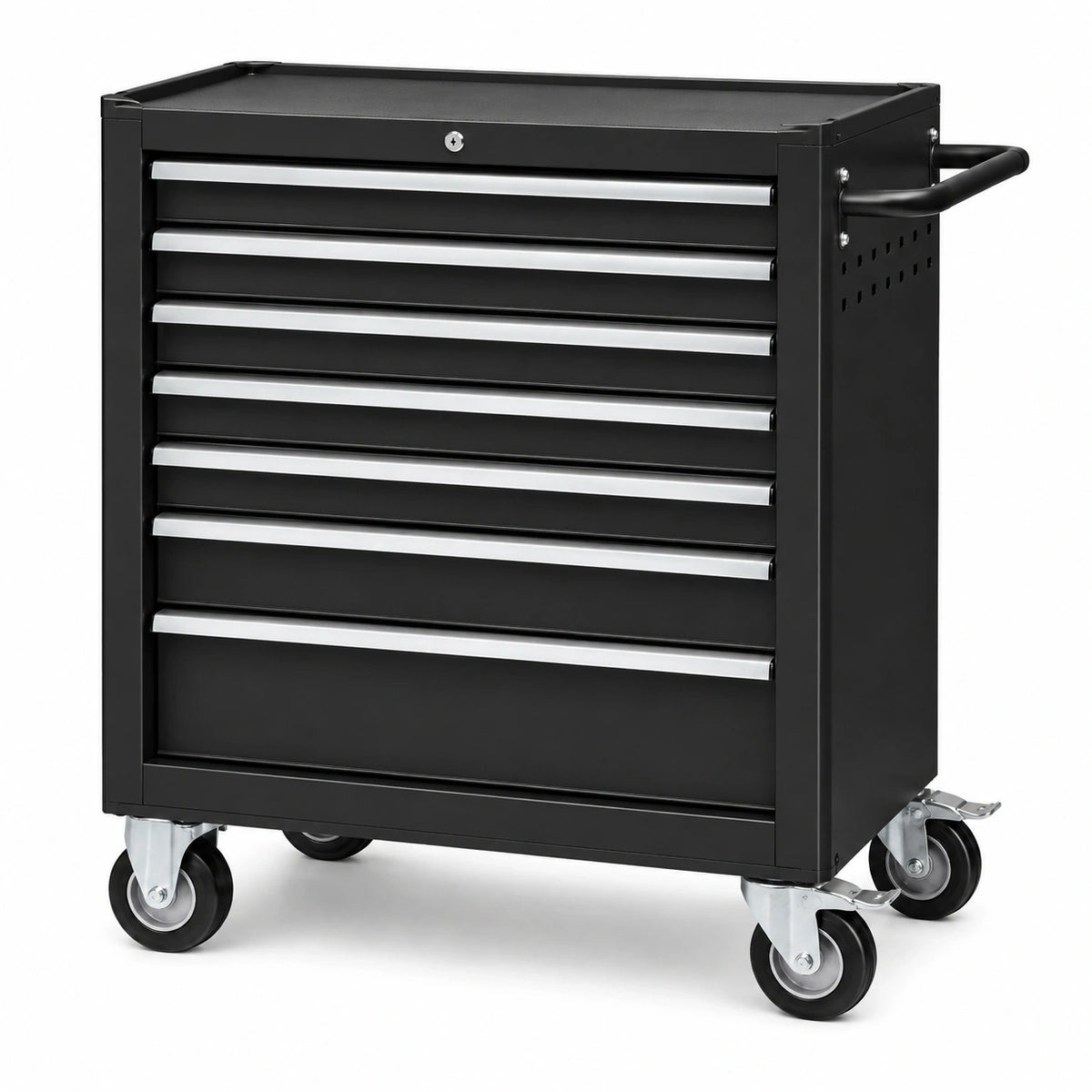 Abschließbarer Werkzeugwagen aus Stahl mit 7 Schubladen und 4 Lenkrollen, 77 × 46 × 97 cm, Schwarz/Silber