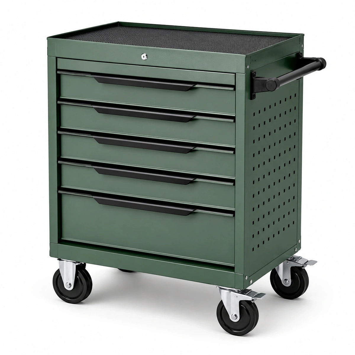 Mobiler Werkstattwagen aus Stahl mit 5 Schubladen und 4 Rollen, 77 × 46 × 95 cm, Dunkelgrün