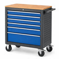 Werkzeugwagen aus Stahl mit 6 Schubladen, Holzarbeitsplatte und Rollen, 77 × 46 × 90 cm, Blau/Schwarz/Natur