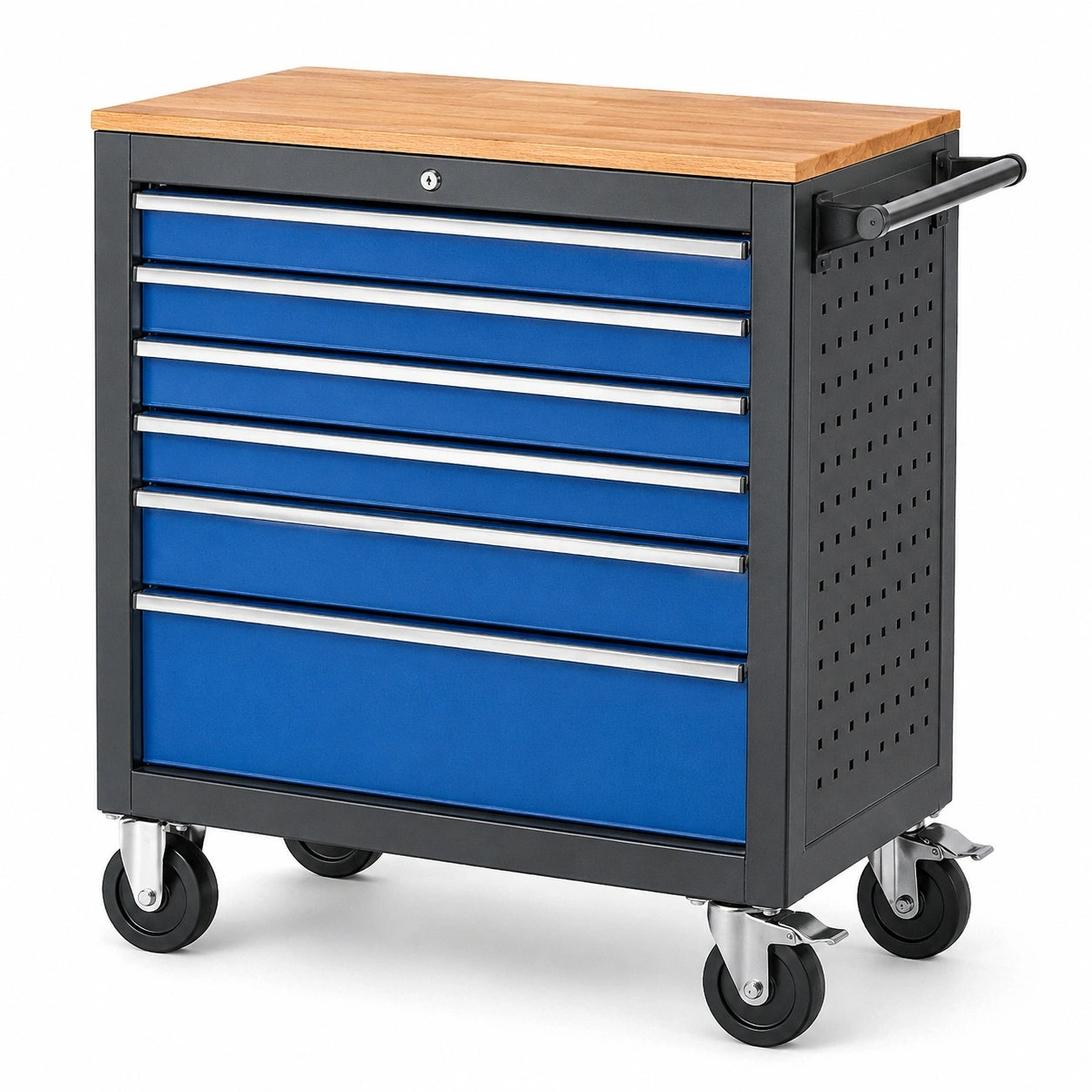Werkzeugwagen aus Stahl mit 6 Schubladen, Holzarbeitsplatte und Rollen, 77 × 46 × 90 cm, Blau/Schwarz/Natur