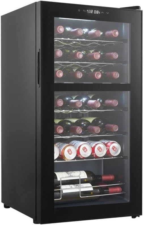 Chłodziarka do wina Cavin, Czarny, oświetlenie LED – Winiarnia elektryczna, 28 butelek, 2 strefy temperaturowe, stojąco-czarny