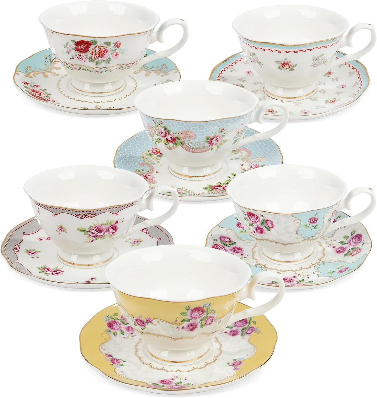 fanquare Kiełbasy i spodki – 9 x 6 cm, 150 ml, Różowy, Vintage Pink Tea Set dla kobiet – Kawa Cup w kwiatowych porcelanowych kolorowych z sosem