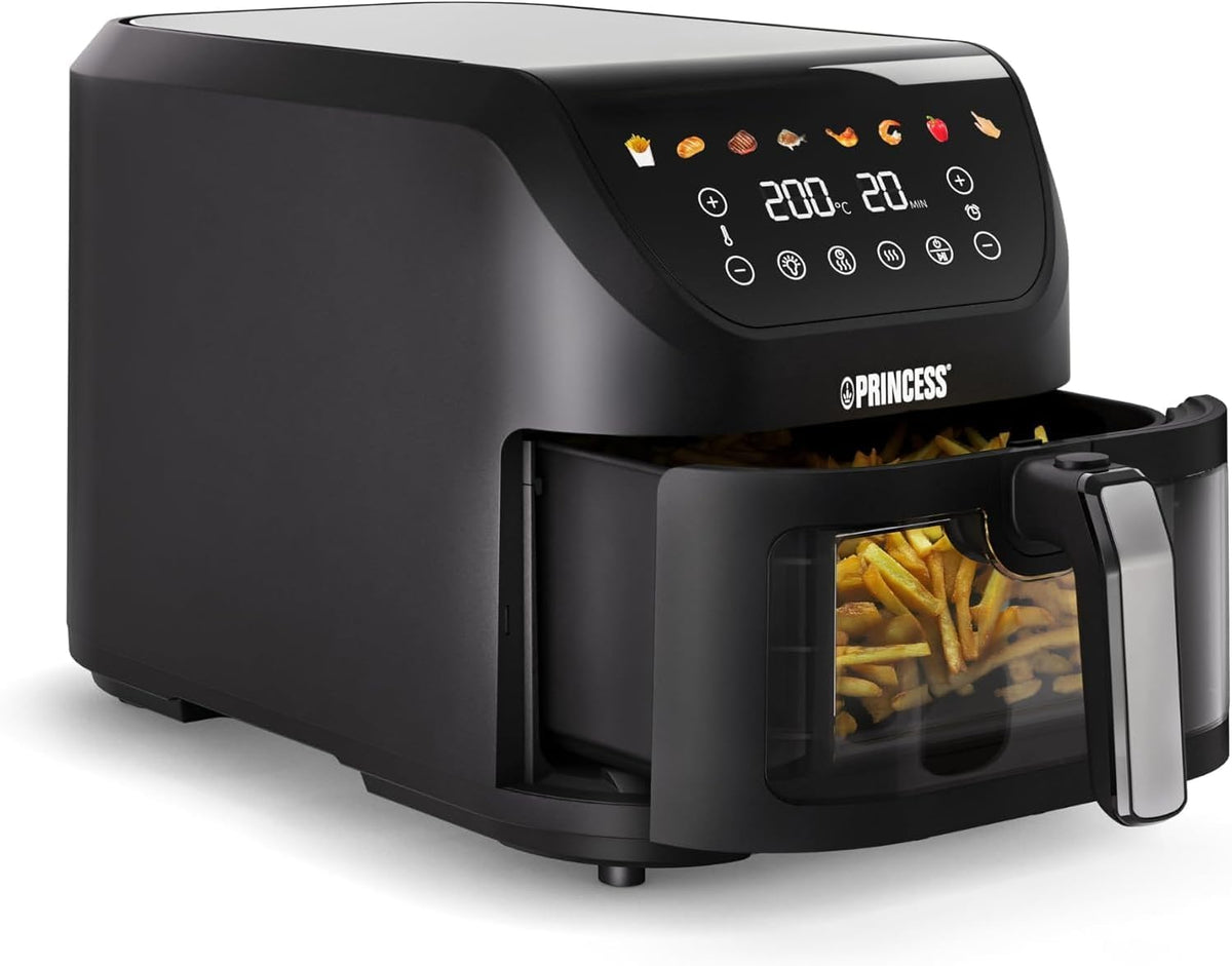 Frytkownica Princess, 8 l, 2000 W – Czarny, timer, funkcja grilla, automatyczne wyłączanie – SlimFry na gorące powietrze, pojemność 8 l, 8 programów