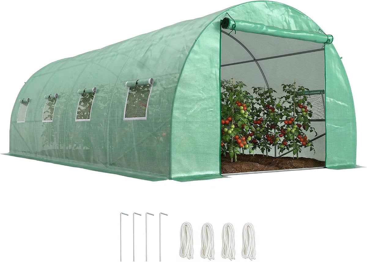 Outsunny Szklarnie, 6 x 3 x 2 m, 140 g – Zielony, metal, ochrona UV, Szklarnia foliowa ok. 6 x 3 x 2 m szklarnia foliowa z 8 oknami