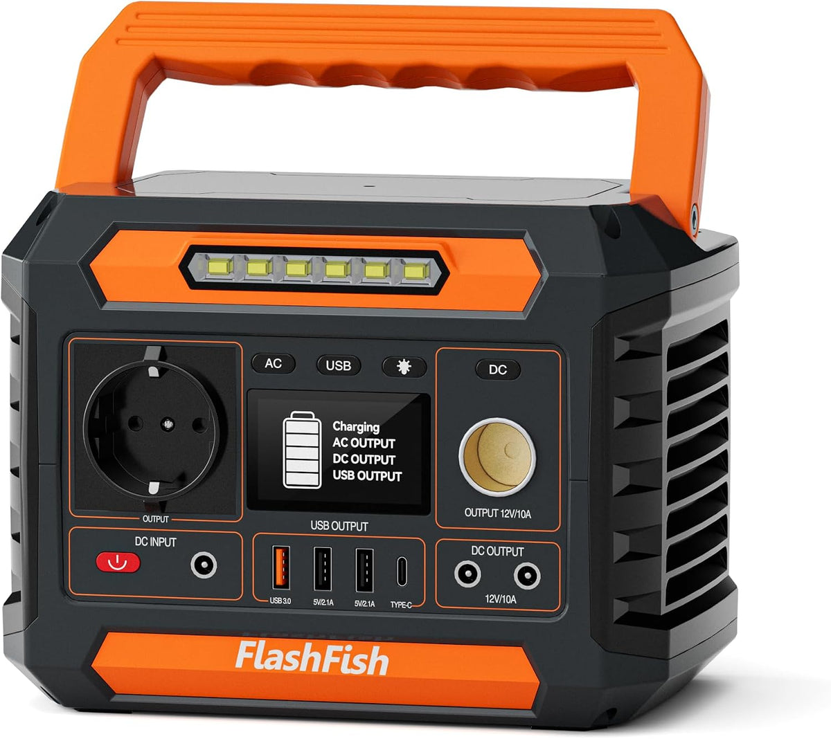 Agregatory FF FLASHFISH, P66 – 230 W, 21 x 14,6 x 15,7 cm, 230 V, Czarny/Pomarańczowy – oświetlenie LED, USB