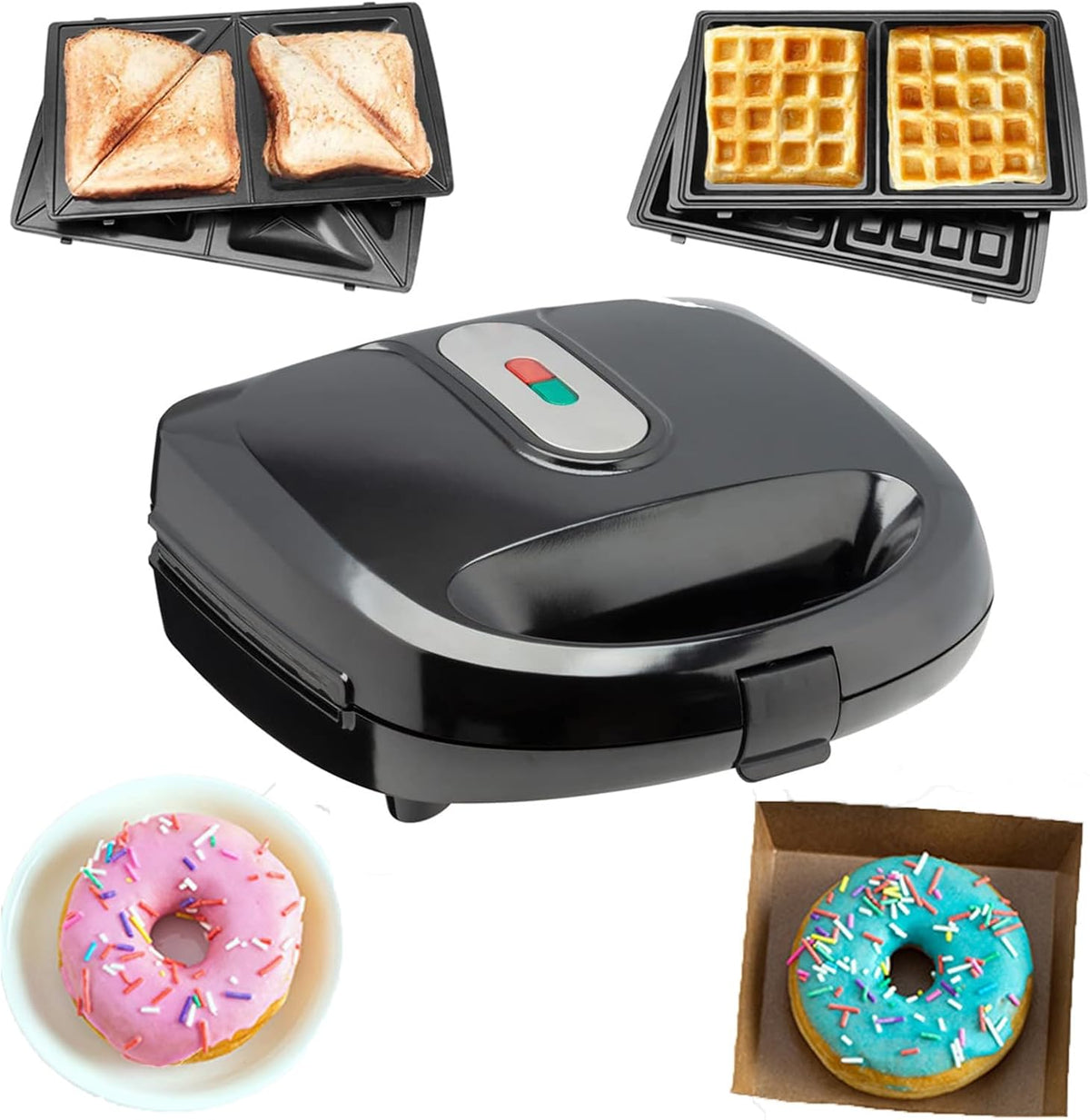 GLETSF Kostkarka do lodu, maszyna do lodu, 750 W – 22 x 22,5 x 10,5 cm, Czarny, stal nierdzewna, Maszyna do pączków – 6 w 1 płytka non- stick