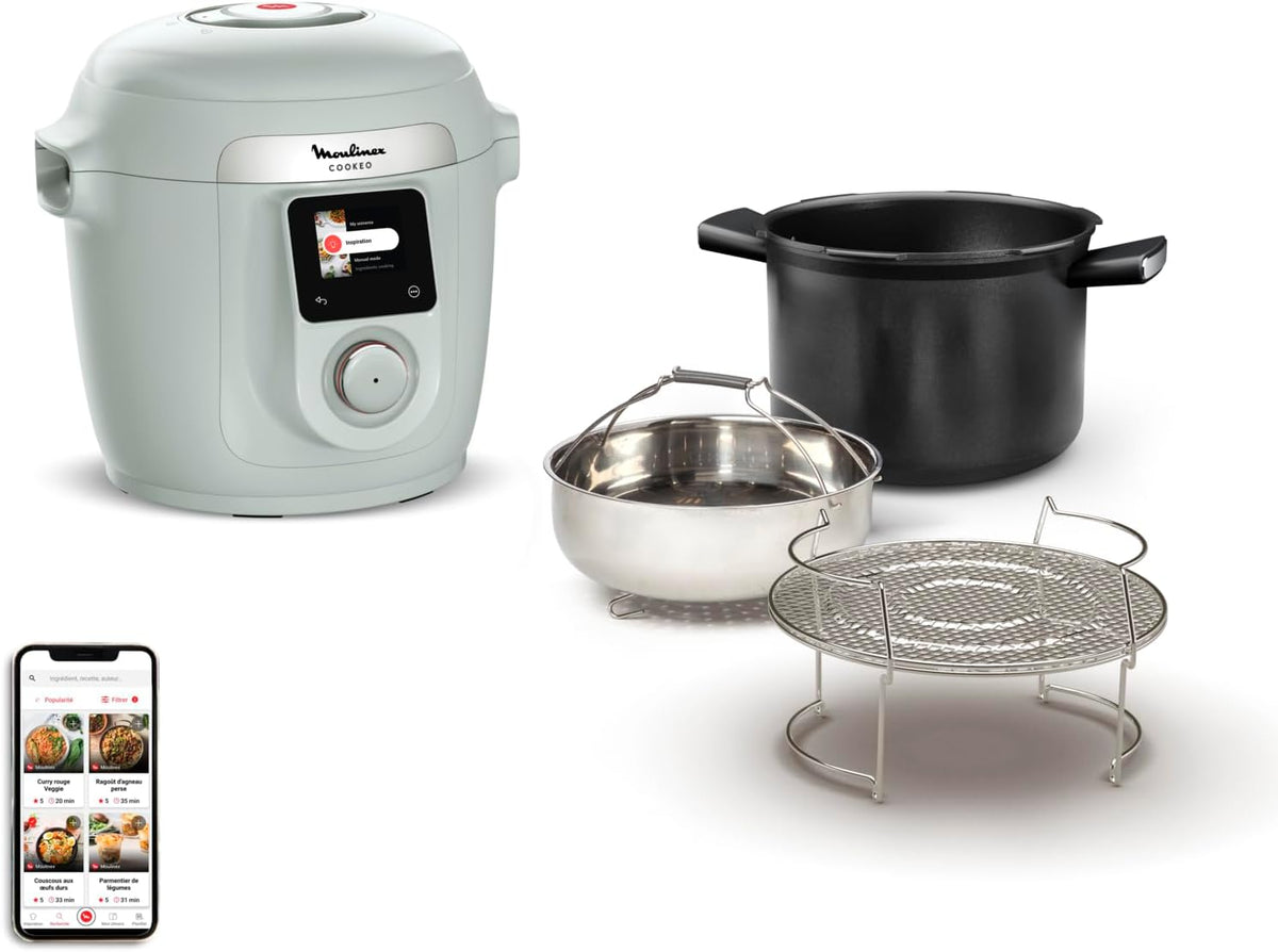 Elektryczne kuchenki wielozadaniowe Moulinex, CE96G310, 10 W, 6 l – Srebrny/Czarny, Wi-Fi, 2 w 1, Cookeo Wi-Fi 10 w 1