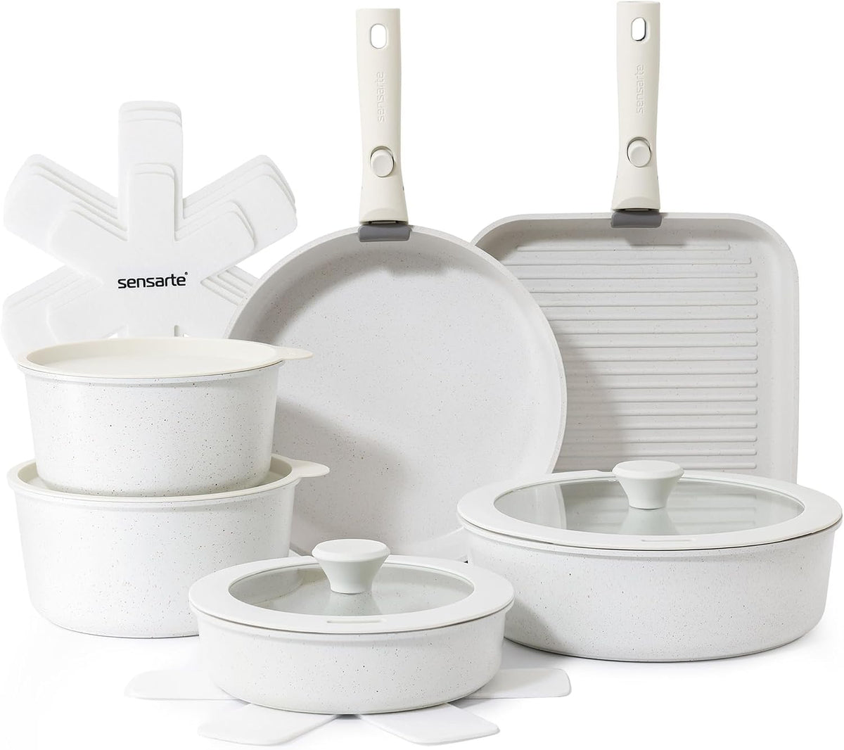 Zestaw garnków i patelni SENSARTE, 26 cm, Czarny – Bateria, pancerz i pancerz, kompatybilny z indukcją, 17 sztuk