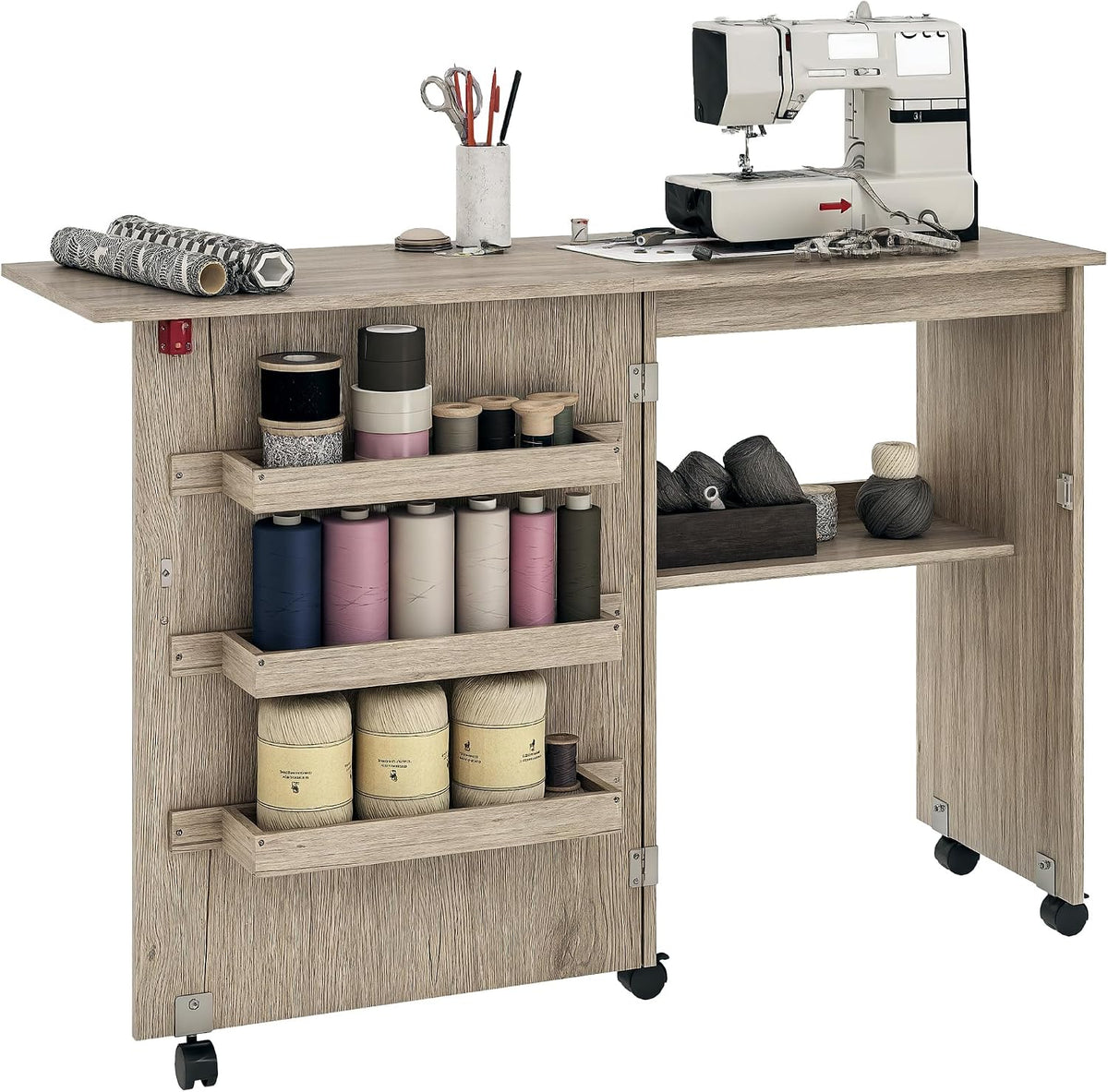 HOMCOM Stół, 5 cm – 59 l, Szary, płyta wiórowa, składana konstrukcja – Pościel, Półka, Elektryczna maszyna do szycia, 117x40x77 – Katory turystyczne