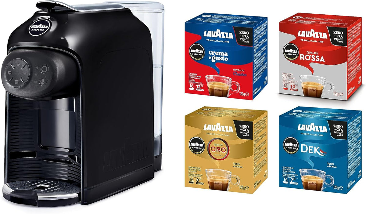Ekspres do kawy Lavazza, 1500 W – 240 V, Czarny, A Modo Mio czarny Idola z 64 kapsułkami według własnego wyboru