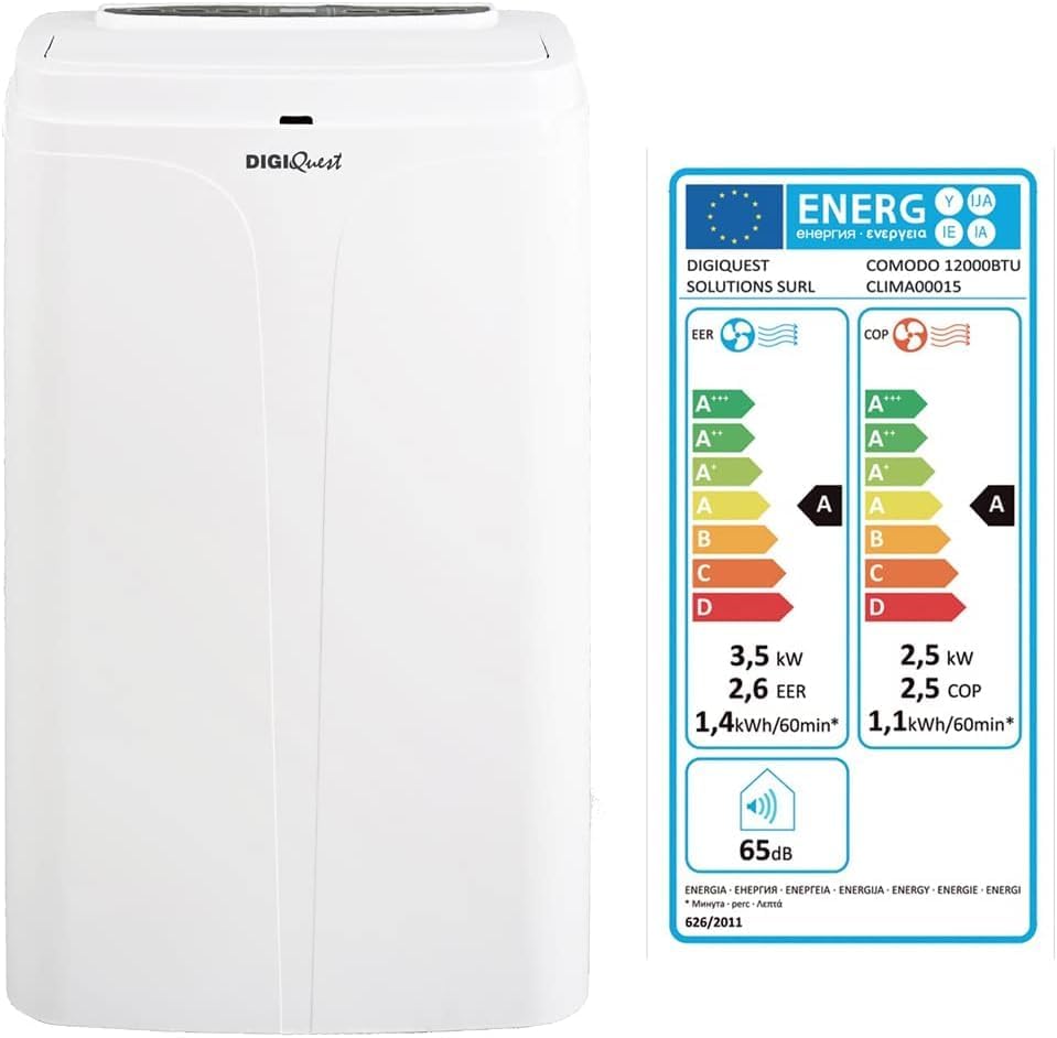 Klimatyzator DIGIQUEST – 12000 BTU, 4 W, 420 x 360 x 722 mm, Biały – oświetlenie LED, pilot zdalnego sterowania, timer