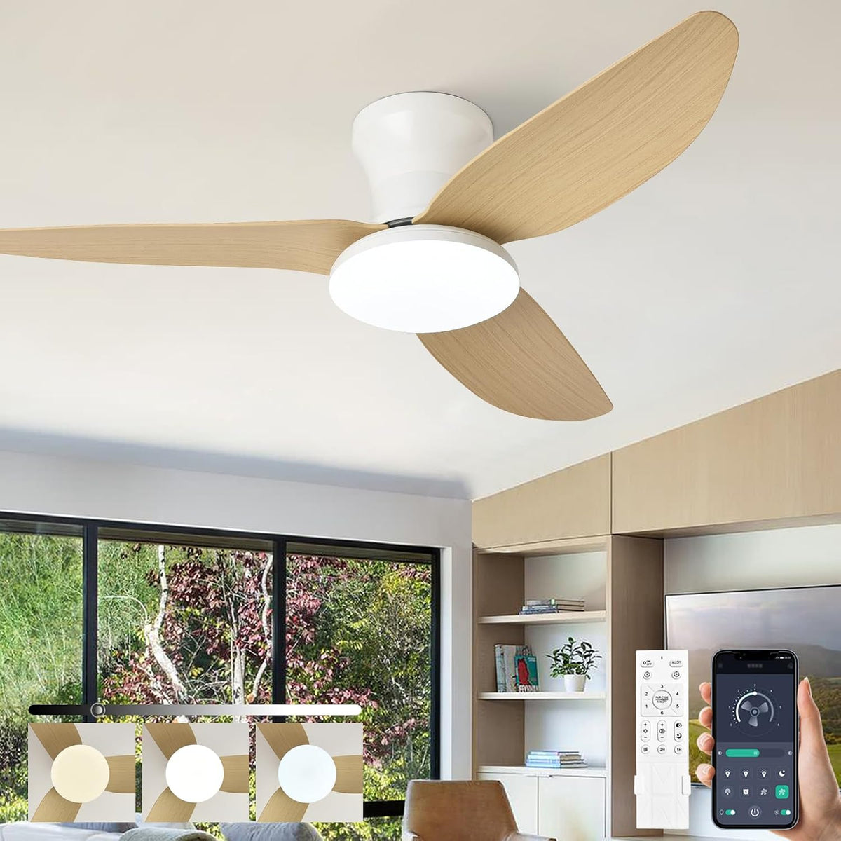 Caunmar Wentylator sufitowy, 100 cm, 60 W, 230 V – Biały, oświetlenie LED, pilot zdalnego sterowania, Wentylator – dekoracja salonu, tłumik