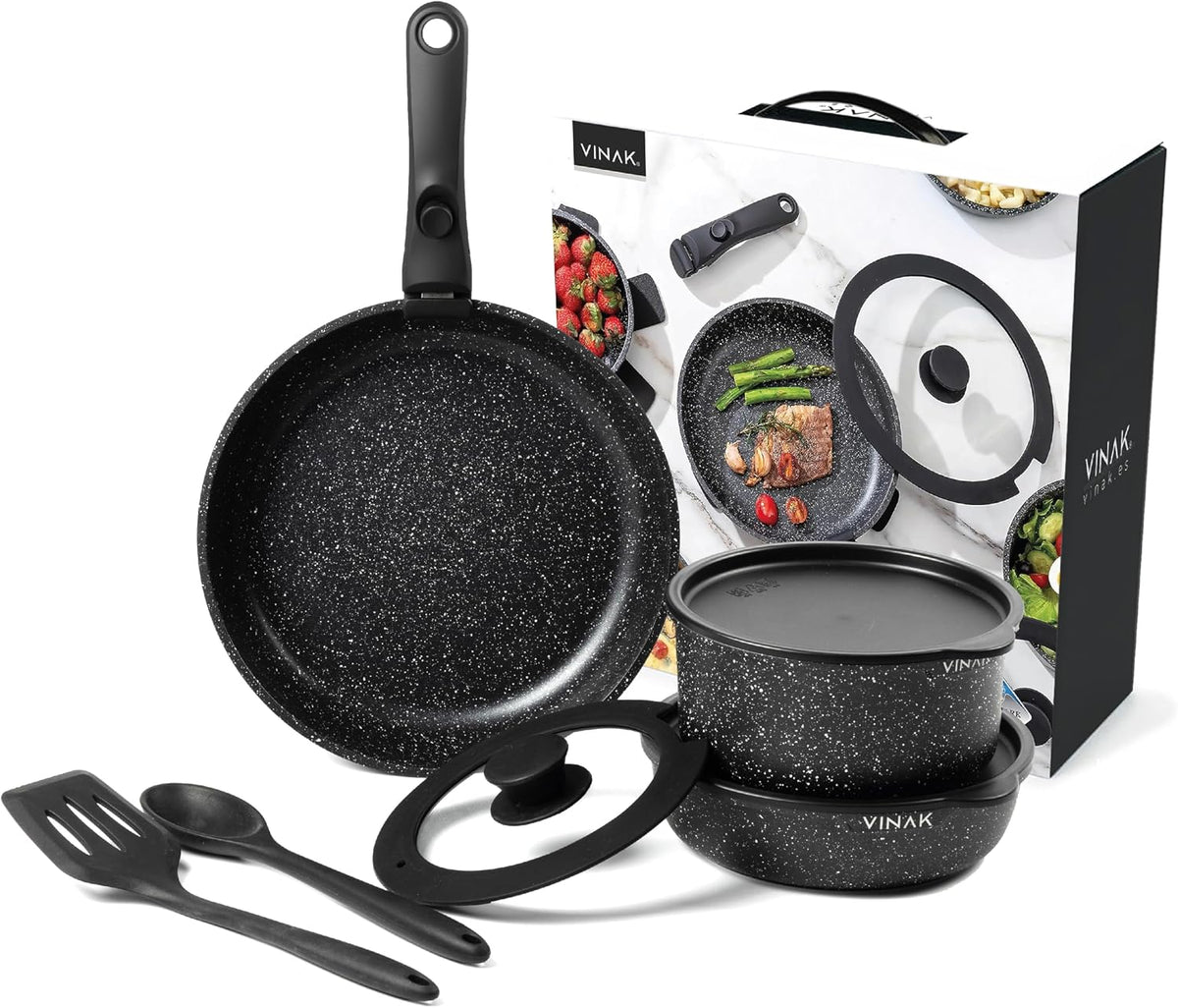 Zestaw garnków i patelni VINAK, 20 cm, 11 W, Czarny – aluminium, Zestaw Patelni z Powłoką Nieprzywierającą i Odłączanym Uchwytom