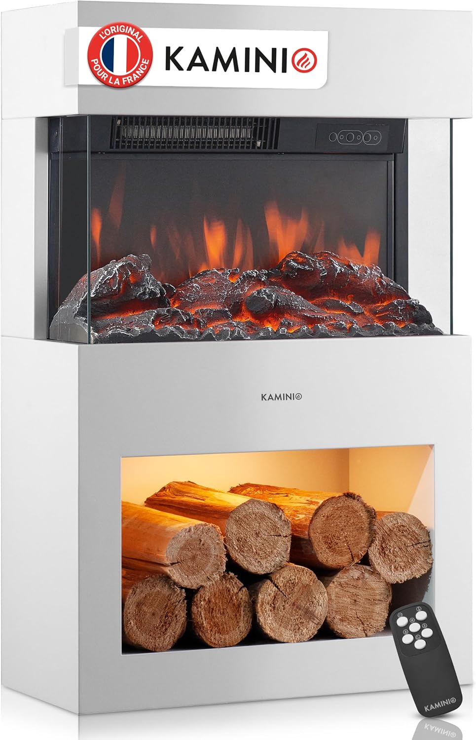 Kominek elektryczny KAMINIO – grzejnik elektryczny, 10 dB, 1800 W, 30 m – Biały, oświetlenie LED, Gotowanie naczynia, zegar – termostat, efekt 3D