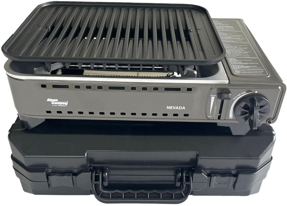 Alpen Camping GAS ENERGY Grill, 1780 W, 45 x 13,5 x 33 cm, 4.95 kg – Szary, Burner 1780 W, Siatka przeciw trawie Central Slot, Zapłon Piezo