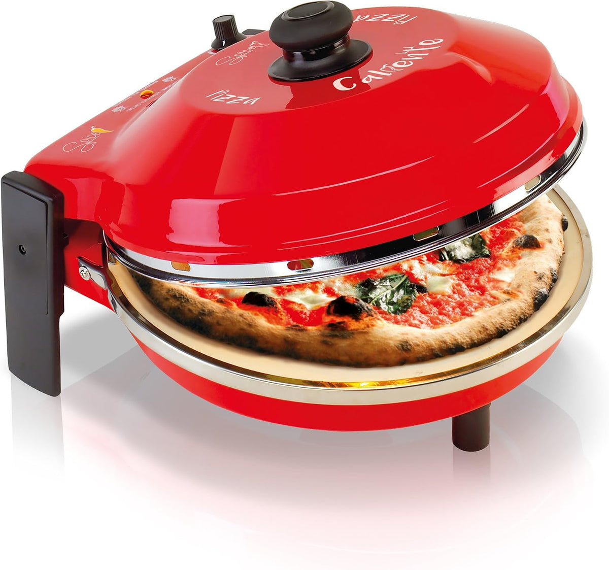 SPICE Piec do pizzy, 32 cm – 1200 W, Czerwony, Piekarnik Pizza Caliente z kamieniem szamotowym 32 cm i oporem koła