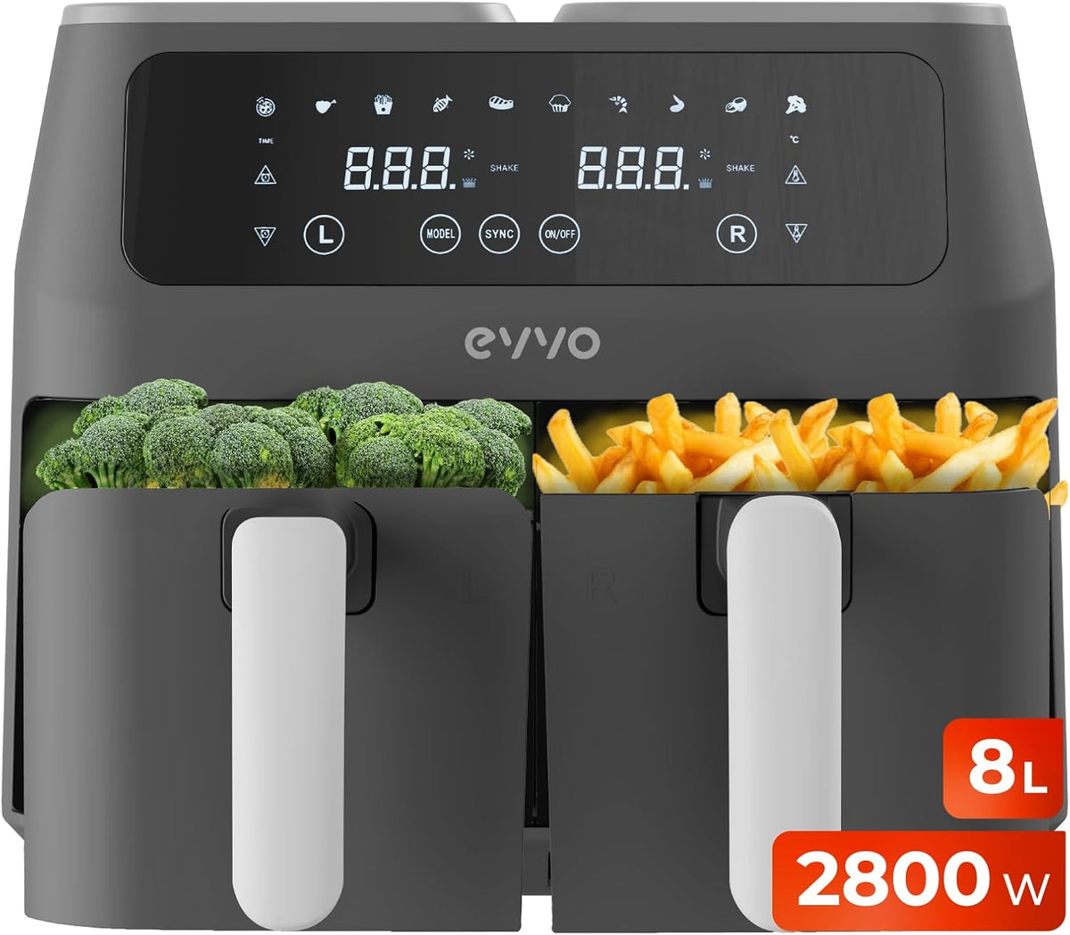 EVVO Frytkownica beztłuszczowa, air fryer, 8 l – 800 W, Czarny, automatyczne wyłączanie, 10 programów – powłoka non- stick