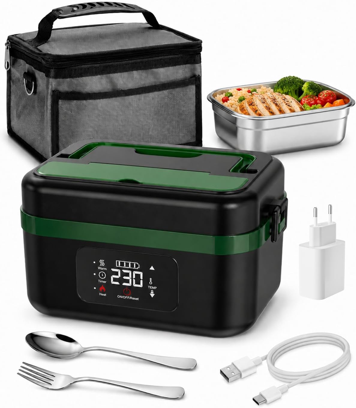 Pudełka na lunch LANMOU, 1000 ml, Srebrny – stal nierdzewna, USB, praca bezprzewodowa, Bateria – licznik czasu, wyjmowany, funkcja ogrzewania