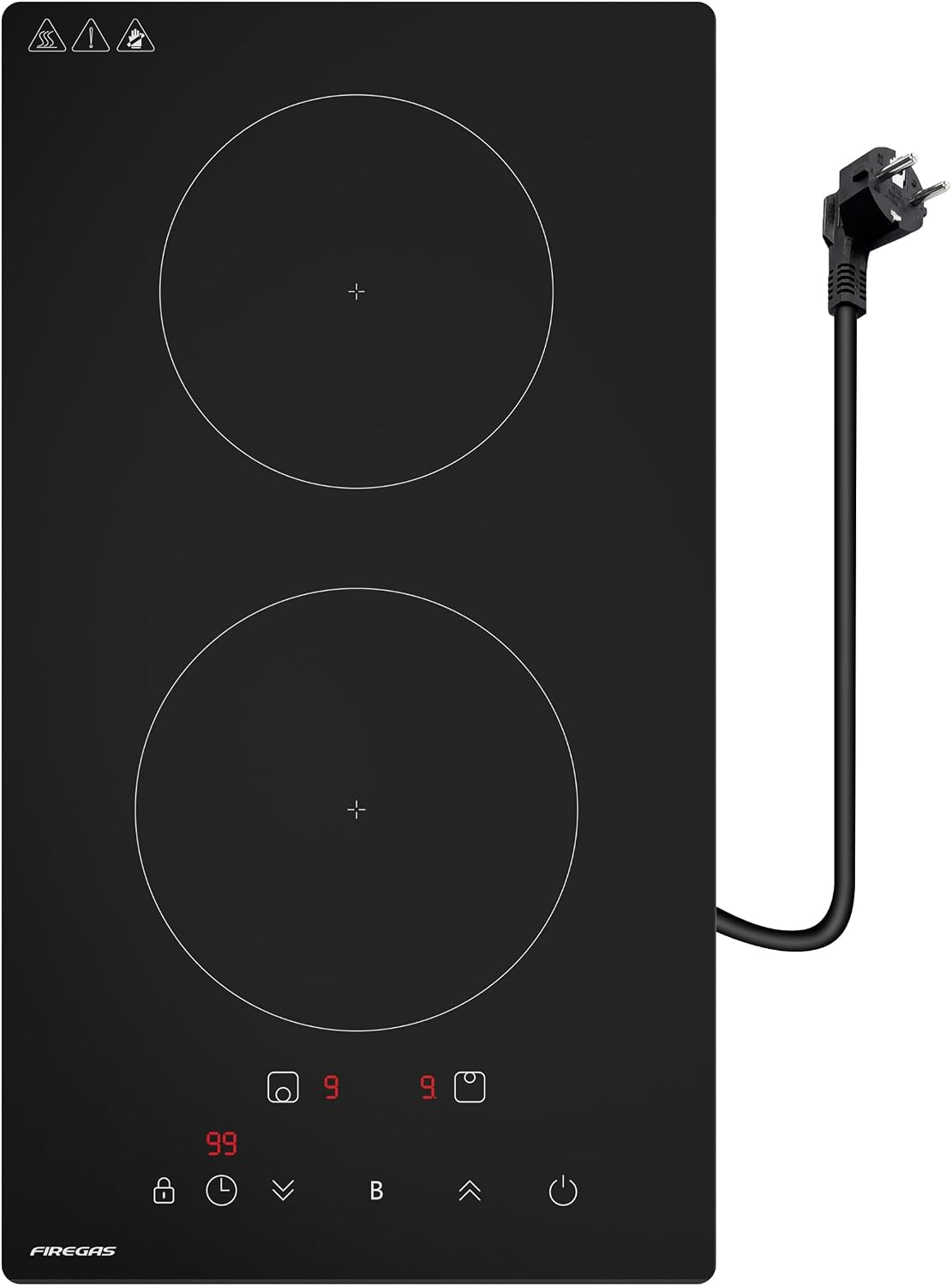 Płyta indukcyjna FIREGAS, kuchenka indukcyjna, 30 cm, 3700 W – 56 dB, Czarny, automatyczne wyłączanie, płyta grzewcza – 2 pola grzewcze