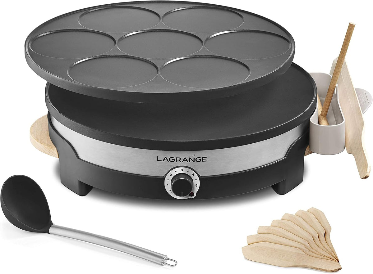 Crêpeiers Przewodniczący LAGRANGE, 1500 W, 35 cm – Brązowy, aluminium, Elektryczna szczelinówka, francuska produkcja – 2 wymienne płyty z aluminium