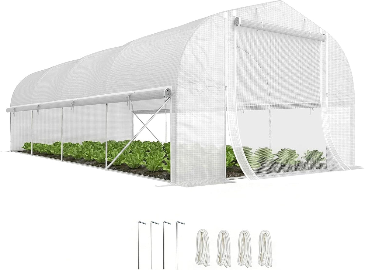 Outsunny Szklarnie, 6 x 3 x 2 m, 140 g – 300 W, Biały, ochrona UV, Szklarnia foliowa 6 x 3 x 2 m – z 8 oknami i drzwiami, zwijane ściany boczne
