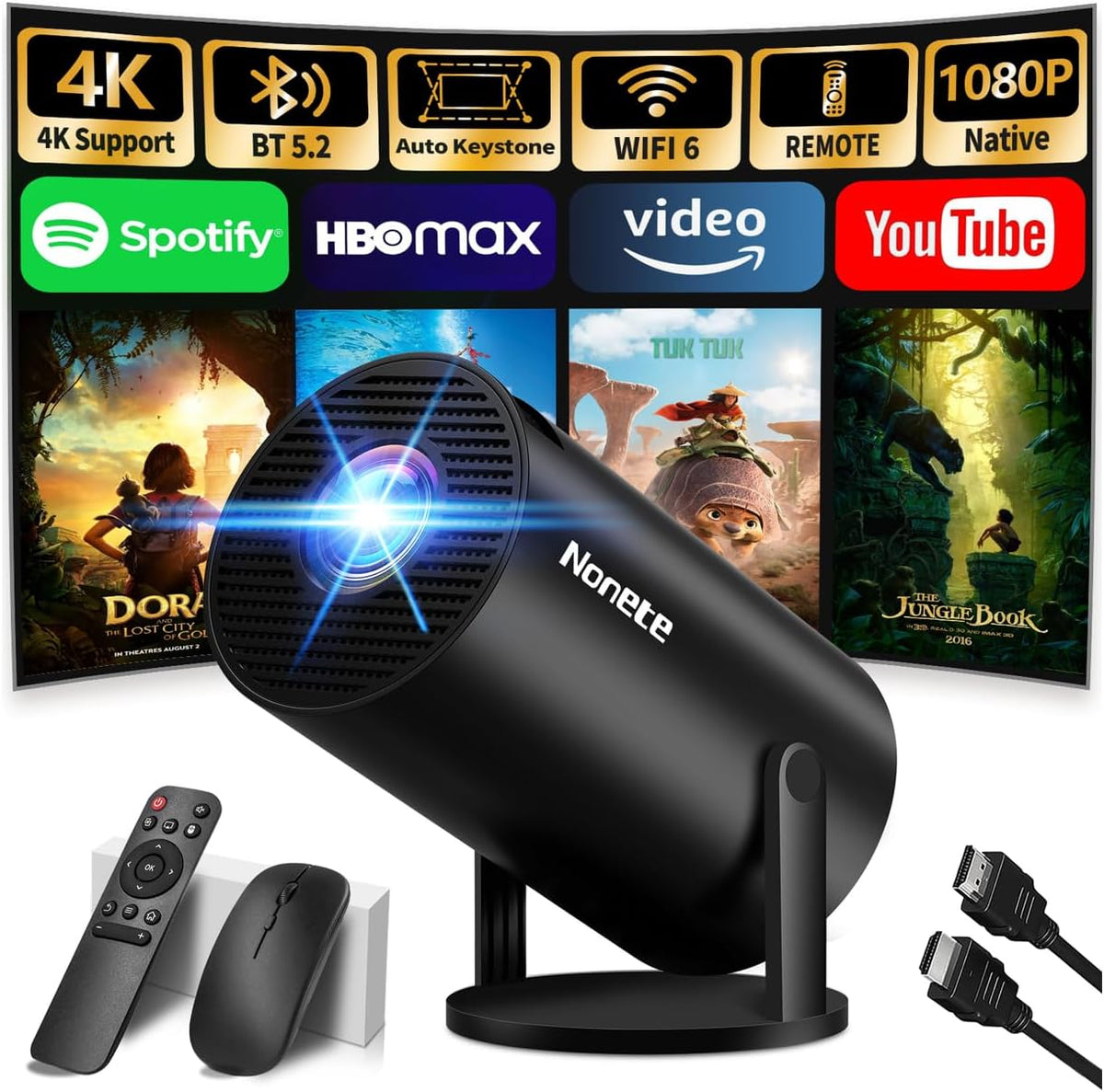 Projektor Nonete, 1080P – Czarny, Bluetooth, Wi-Fi, pilot zdalnego sterowania – Smart TV 1080P, 4K UHD, Zintegrowana aplikacja i 2026 Zmodernizowany