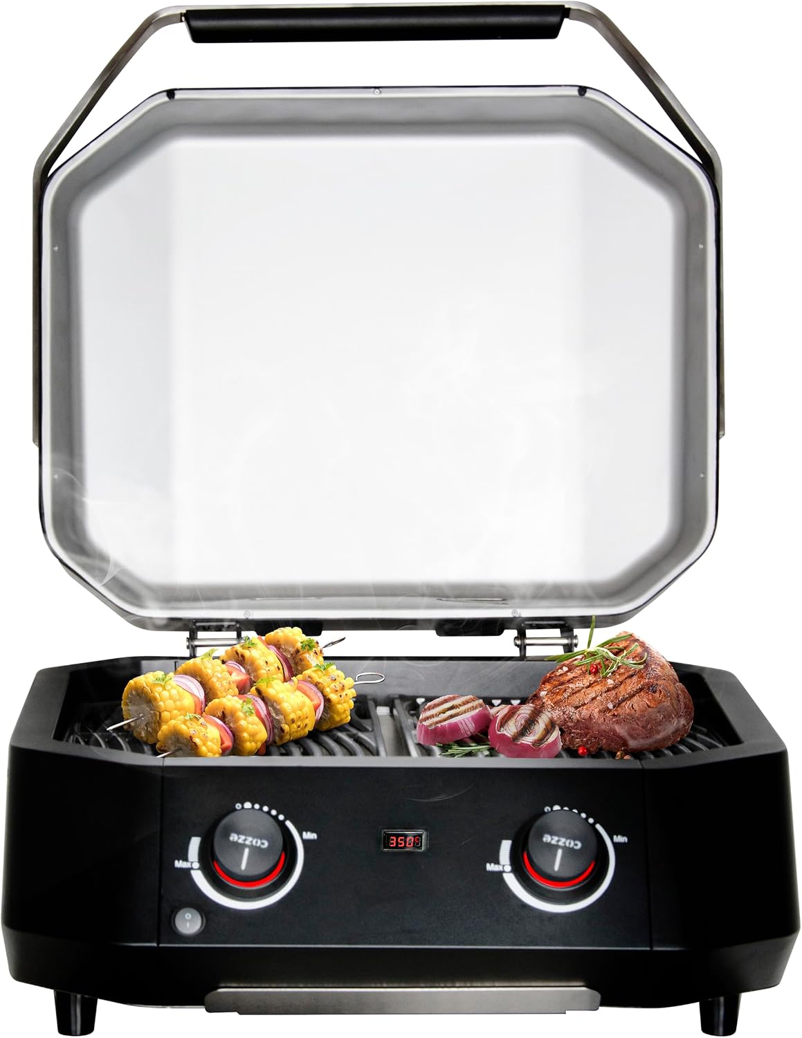 Grill cozze – SS430, 51 x 39 cm, 2100 W, 230 V – Srebrny, stal nierdzewna, oświetlenie LED, E- 500 termometr SS430 – 2 pola grzewcze