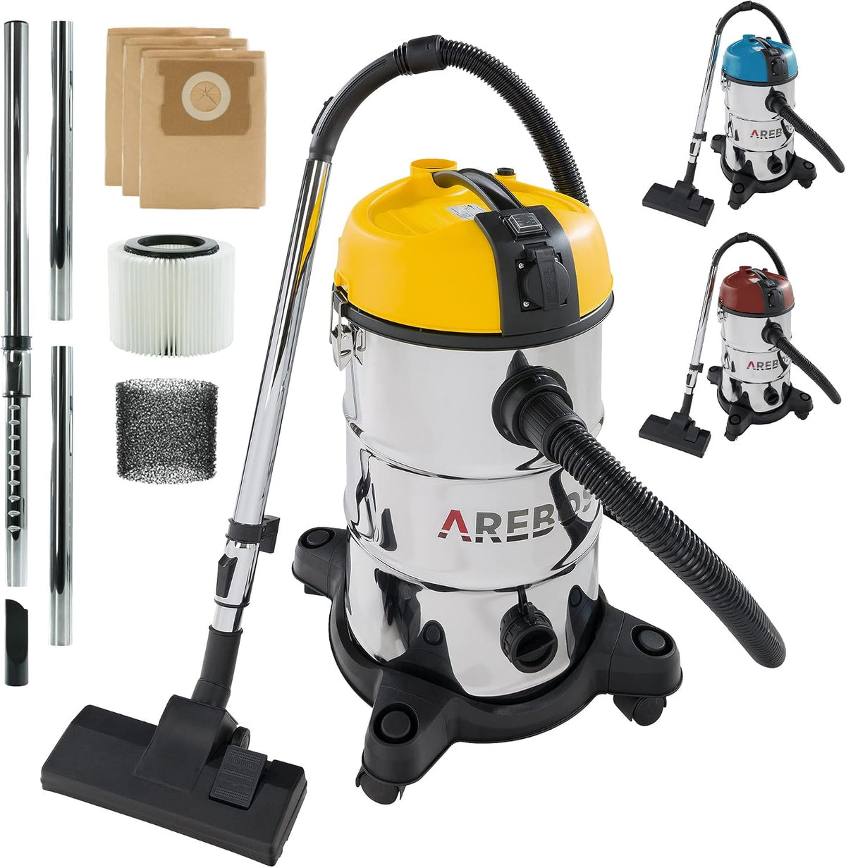 AREBOS Odkurzacz, 30 l, 1300 W, Srebrny / Żółty – stal nierdzewna
