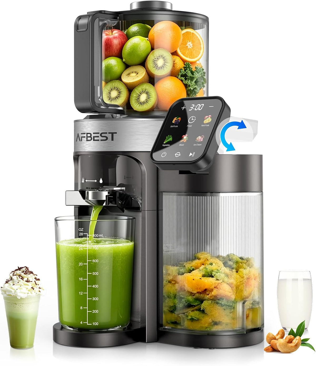 Wyciskarka wolnoobrotowa AFBEST, 5 l – 155 mm, 3 W, Czarny, 3 w 1 – Wyciąg z soku, dotyk, 2026 Slow Soicer
