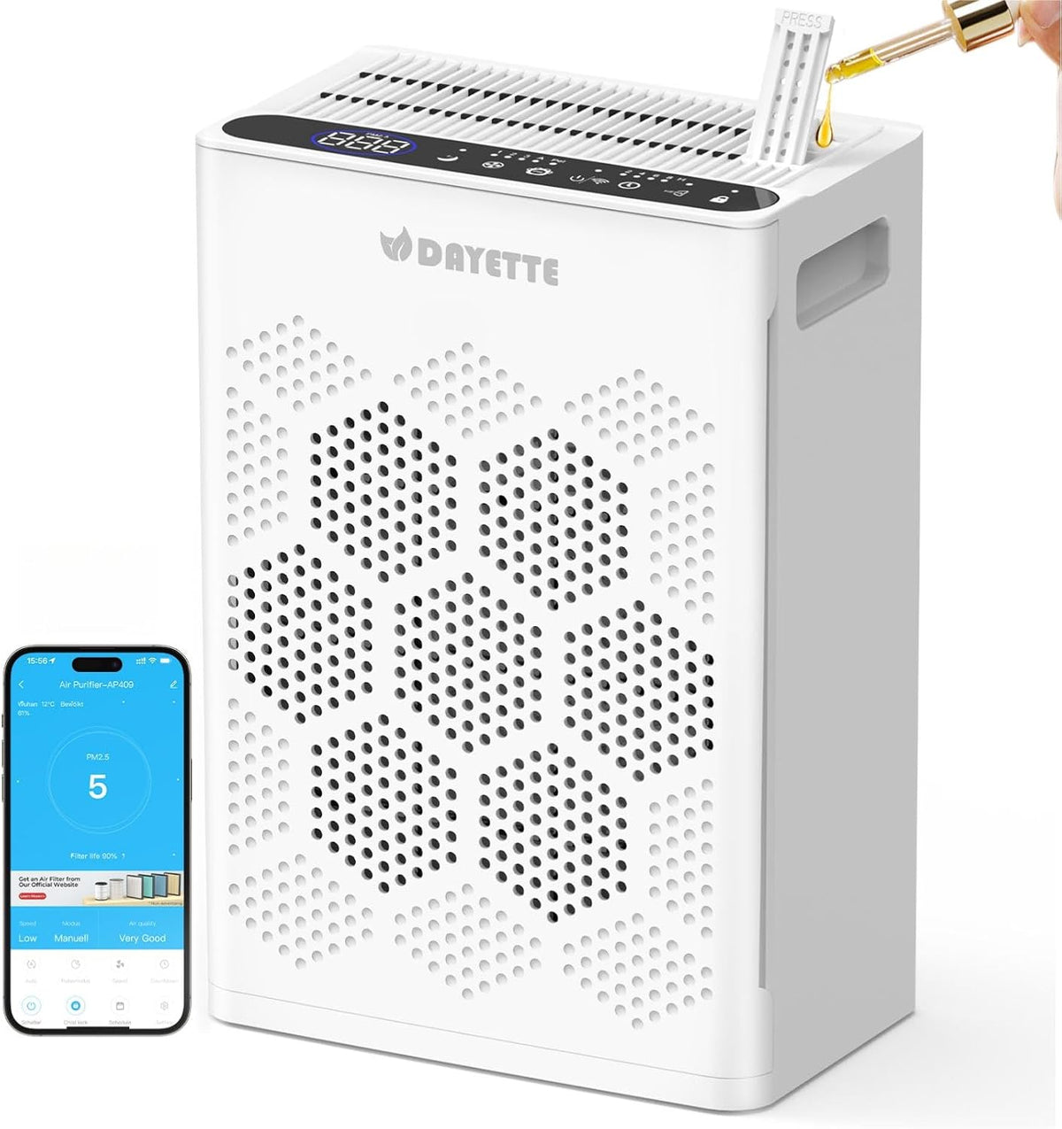 Oczyszczacz powietrza DAYETTE, H14 – 22 dB, Biały, Wi-Fi, filtr HEPA – CADR 300 H14, 300 m3 / h, dla osób z alergią na mieszkanie