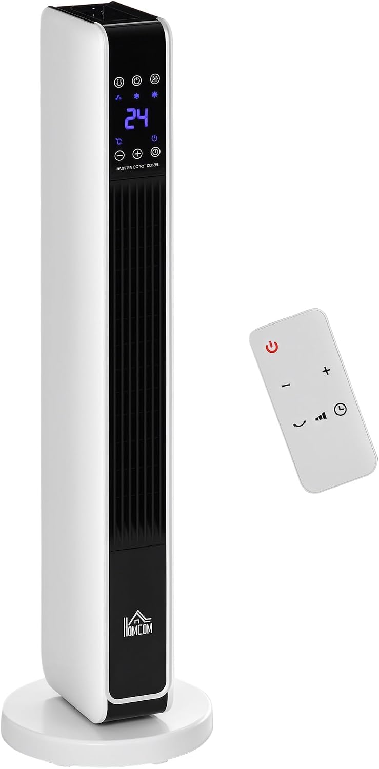 HOMCOM Grzejnik elektryczny, 21 x 21 x 73 cm, 2200 W, Czarny – oświetlenie LED, pilot zdalnego sterowania, PTC 21, zegar