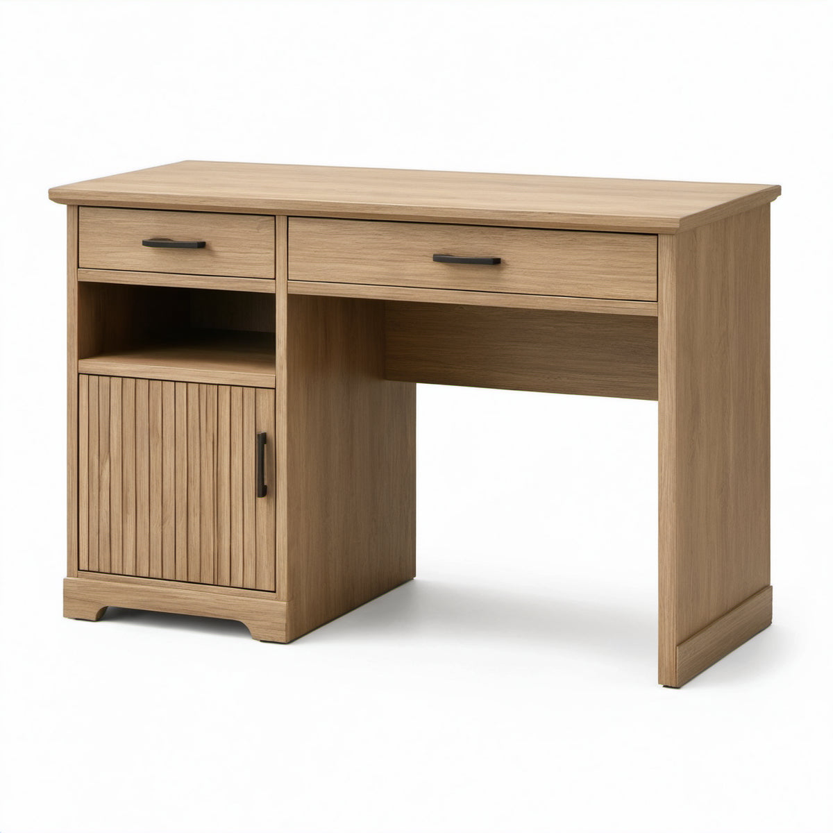 Schreibtisch in Natur-Eiche und Schwarz, 120 × 50 × 76 cm, mit 2 Schubladen, offenem Fach und Schrank