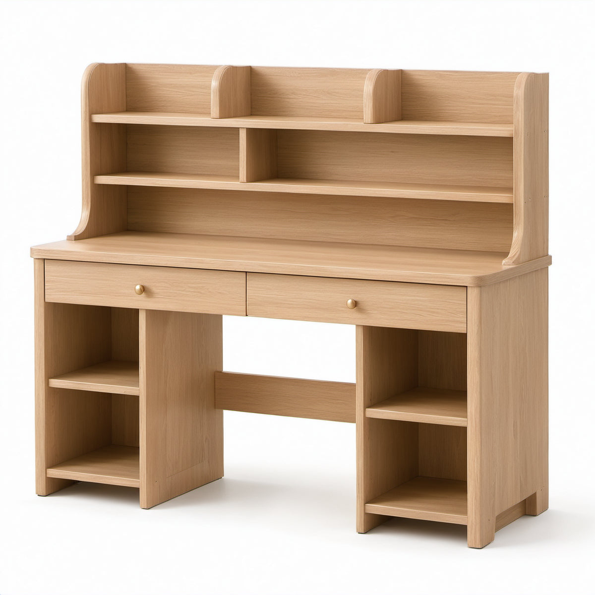 Schreibtisch mit Aufsatz, 120 × 60 × 150 cm, Natur/Goldfarben, 2 Schubladen und offene Fächer