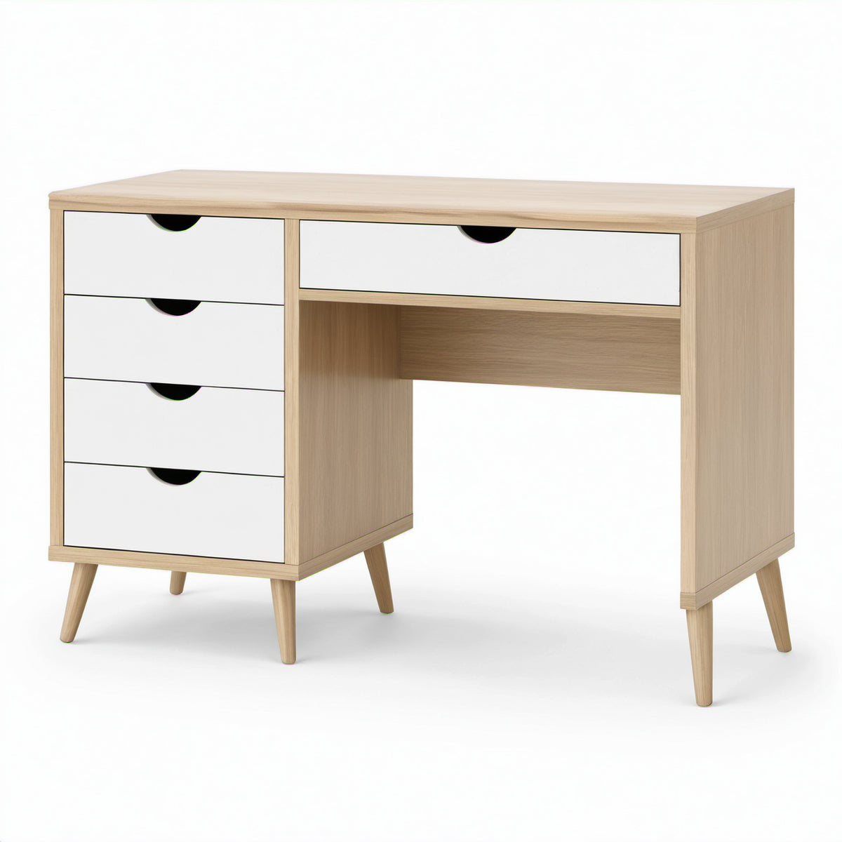 Schreibtisch mit 5 Schubladen, 110 × 50 × 75 cm, Holzwerkstoff, Eiche hell/Weiß, skandinavischer Stil