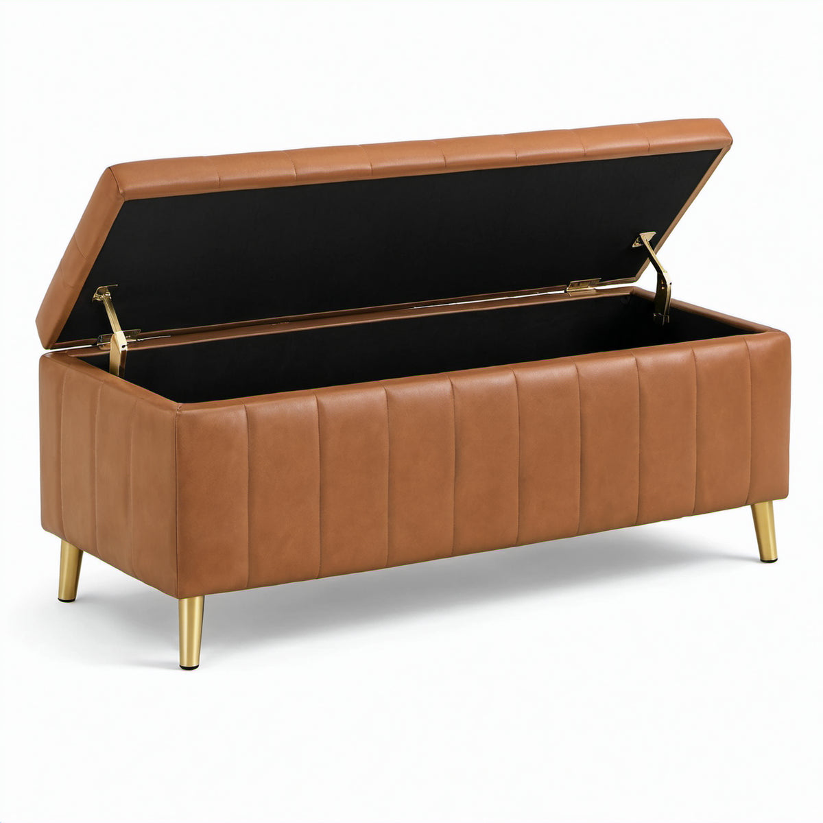 Gepolsterte Sitzbank mit Stauraum und Klappdeckel, 120 × 40 × 45 cm, Braun mit goldfarbenen Füßen