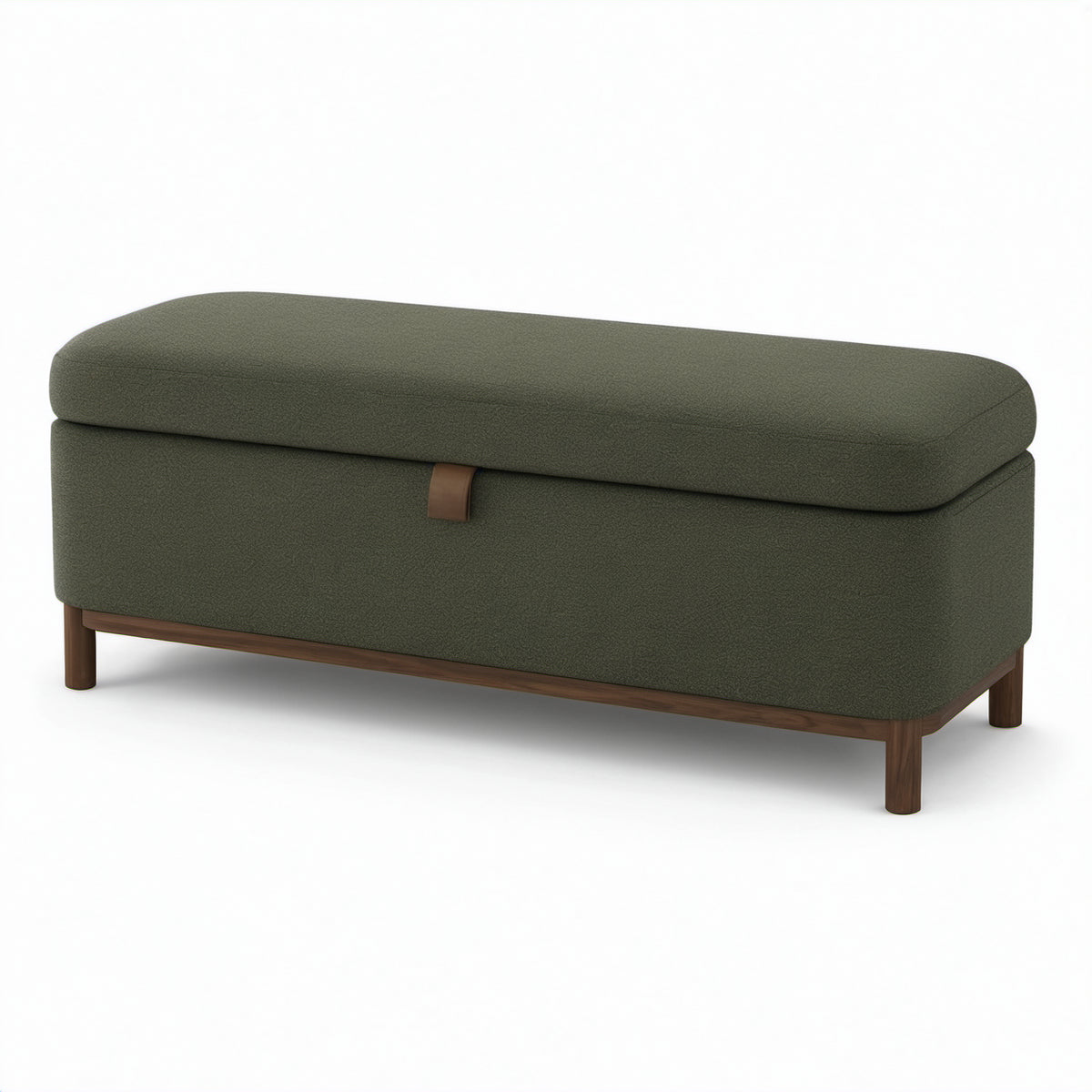 Gepolsterte Sitzbank mit Stauraum, 120 × 45 × 48 cm, Strukturstoff in Olivgrün, Holzgestell in Braun