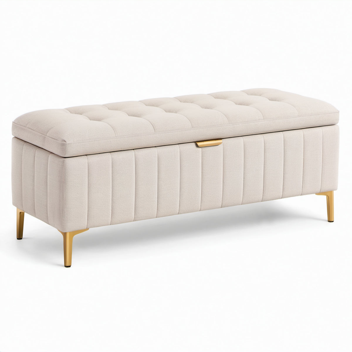 Gepolsterte Stauraumbank mit Klappdeckel, 120 × 45 × 48 cm, Beige und Goldfarben