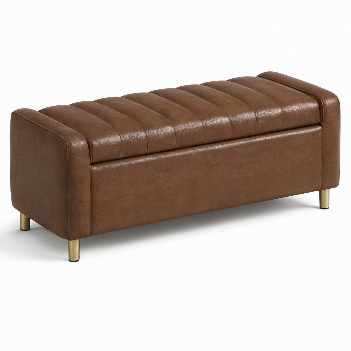 Gepolsterte Sitzbank aus braunem Kunstleder mit goldfarbenen Metallfüßen, 120 × 45 × 48 cm