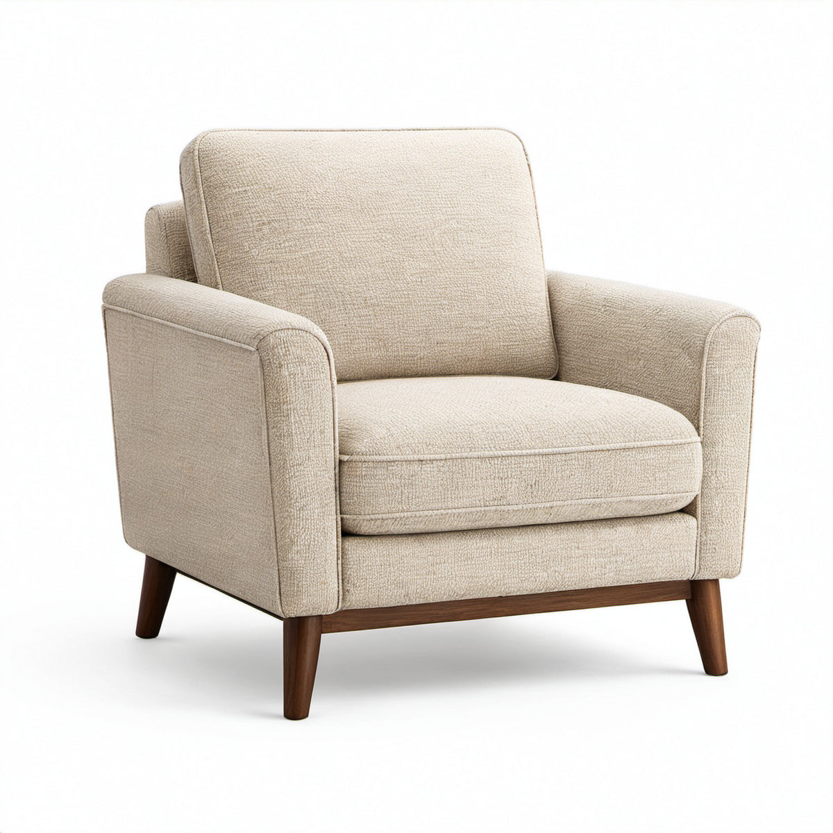 Gepolsterter Bouclé-Sessel in Beige mit braunen Holzbeinen, 90 × 88 × 88 cm