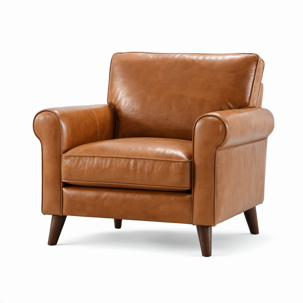 Retro-Polstersessel aus Kunstleder in Cognacbraun mit dunkelbraunen Holzfüßen, 98 × 90 × 88 cm
