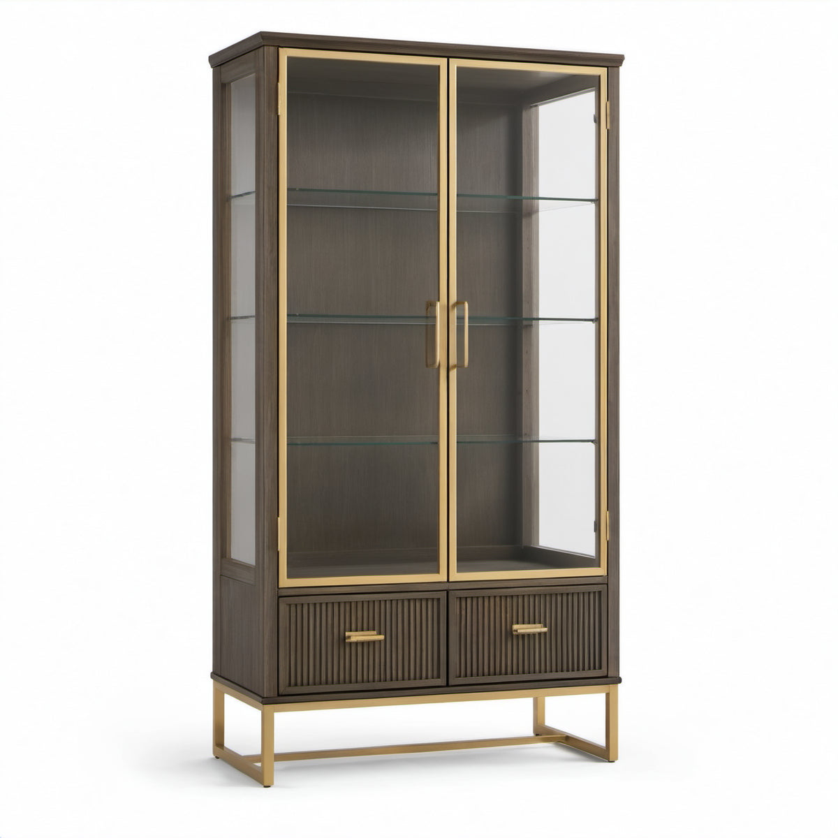 Vitrinenschrank mit 2 Glastüren, 3 Glasböden und 2 Schubladen, Dunkelbraun/Gold/Transparent, 100 × 40 × 190 cm