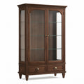 Klassischer Vitrinenschrank mit Glastüren, 3 Glasböden und 2 Schubladen, Dunkelbraun, 110 × 42 × 190 cm