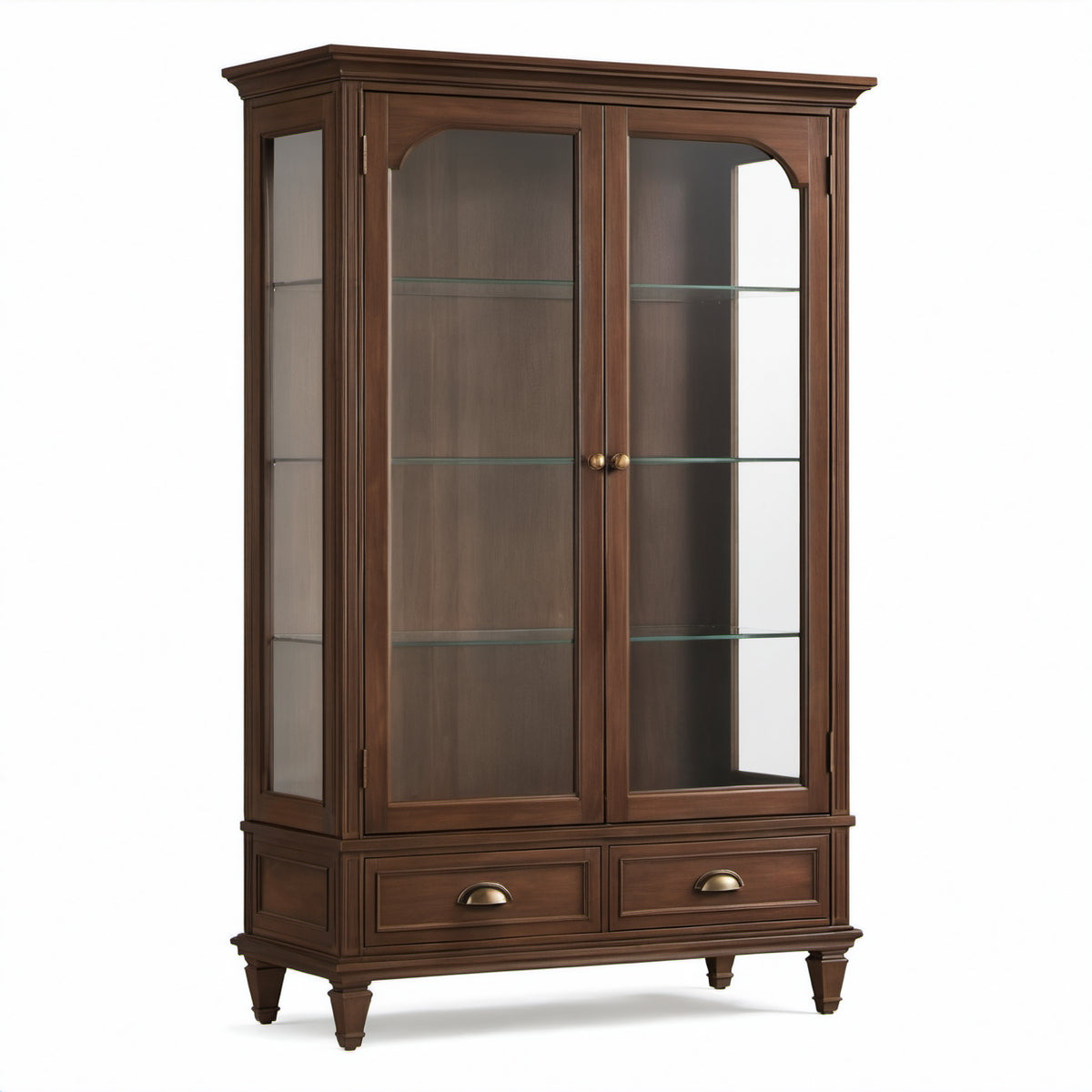 Klassischer Vitrinenschrank mit Glastüren, 3 Glasböden und 2 Schubladen, Dunkelbraun, 110 × 42 × 190 cm
